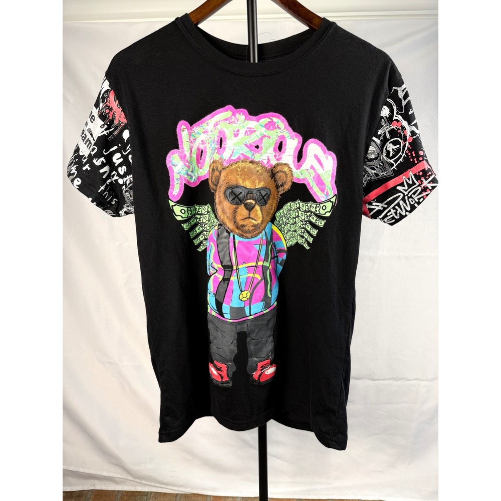 Fresh Laundry Mens M Bear Graphic T-Shirt Streetwear Graffiti Money Wings Black